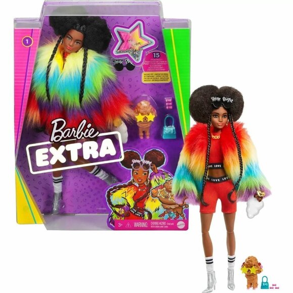 Barbie Extra Doll #1 in Furry Rainbow Coat with Pet Poodle, Brunette Afro-Puffs - Picture 1 of 5
